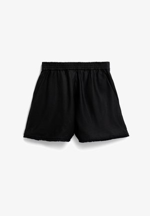 Schwarze Baumwollshorts mit einem elastischen Bund, seitlichen Taschen und einem ausgefransten Saum. Glatte Textur und lässige Passform.