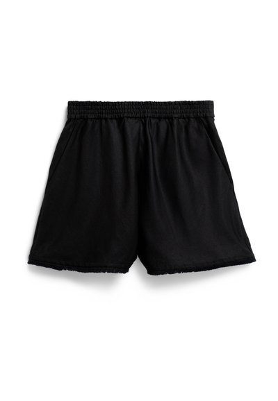 Shorts en coton noir avec une taille élastique, des poches latérales et un ourlet effiloché. Texture lisse et coupe décontractée.