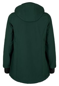 Groene waterdichte jas met capuchon, voorzien van een gladde textuur, verstelbare manchetten en een langere achterkant voor extra bescherming.