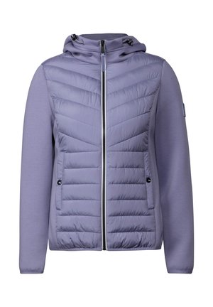 Light purple hooded jacket featuring a mix of smooth fabric and quilted panels, with zip front and two side pockets. Accents include adjustable drawstrings.