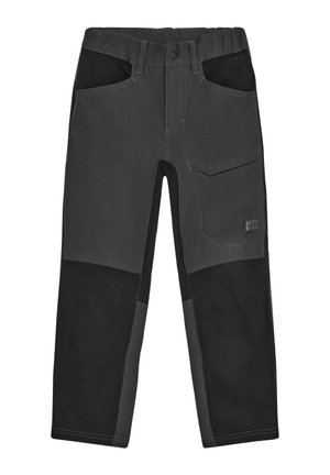 Børns mørkegrå og sorte slidstærke arbejdsbukser med forstærkede knæ, flere lommer og justerbar talje.
