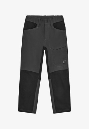 Børns mørkegrå og sorte slidstærke arbejdsbukser med forstærkede knæ, flere lommer og justerbar talje.
