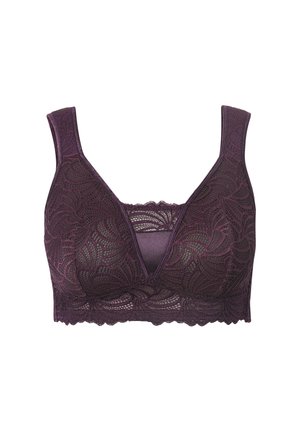 Lila Spitzen-Bralette mit floralem Muster, breiten Trägern und V-Ausschnitt-Design. Die Textur ist durchsichtig mit einer soliden Fütterung darunter.
