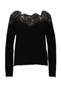 Schwarzer Pullover mit weicher, flauschiger Textur und Spitzenverzierung am Ausschnitt. Lange Ärmel und eine figurbetonte Form, die das Spitzenmuster hervorhebt.