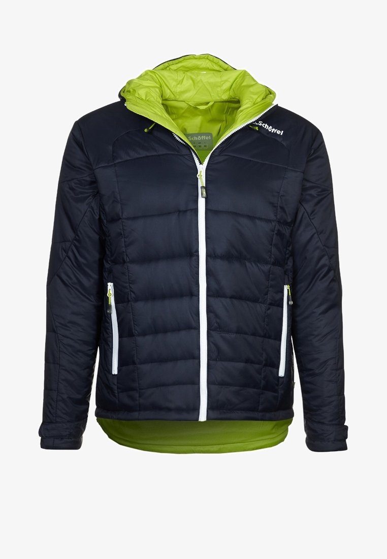 Padded jacket v námořnické modři s jasně zeleným vnitřkem kapuce. Má bílý zip a dvě boční kapsy, hladkou texturu a prošívaný design.