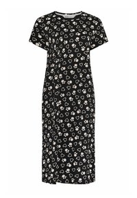 Abito nero con maniche corte, caratterizzato da un motivo di impronte bianche e cuori, realizzato in un tessuto morbido e elastico.