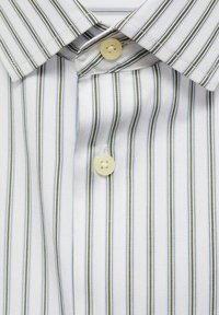 Gestreepte overhemd met smalle verticale strepen in groen en blauw op een witte achtergrond. Voorzien van een klassieke kraag en plastic knopen.