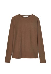 Chemise marron à manches longues en texture côtelée avec un col rond. Coupe simple et décontractée avec ourlet cousu, adaptée pour le superposition.