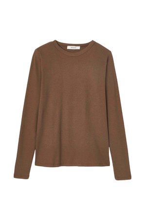 Chemise marron à manches longues en texture côtelée avec un col rond. Coupe simple et décontractée avec ourlet cousu, adaptée pour le superposition.