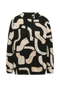 Schwarzer Pullover mit abstraktem cremfarbenem Pinselstrichmuster, hohem Kragen, Kordelzug und langen Ärmeln. Glatte Stoffstruktur.