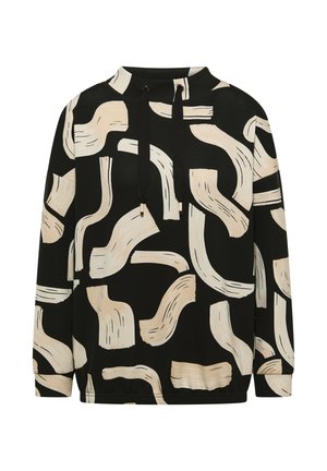 Schwarzer Pullover mit abstraktem cremfarbenem Pinselstrichmuster, hohem Kragen, Kordelzug und langen Ärmeln. Glatte Stoffstruktur.