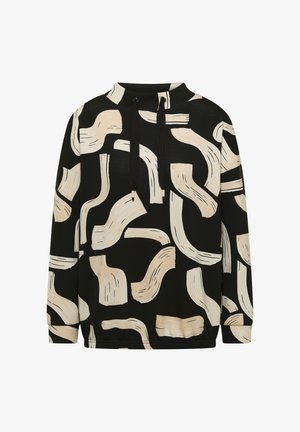 Czarna bluza z abstrakcyjnym kremowym wzorem pociągnięć pędzla, z wysokim kołnierzem, ściągaczem i długimi rękawami. Gładka tekstura tkaniny.