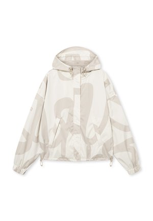 Svetlobéžová vetrovka s kapucňou s abstraktnými tmavšími béžovými vzormi, prednými vreckami, elastickými manžetami a nastaviteľnými šnúrkami na kapucni a spodnom okraji.