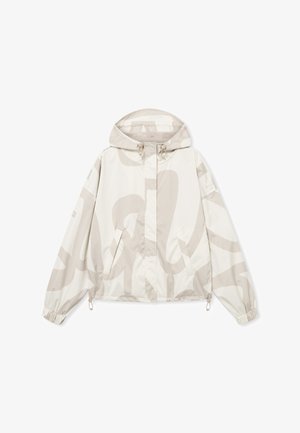 Világos bézs kapucnis széldzseki absztrakt sötétebb bézs mintákkal, elülső zsebekkel, rugalmas mandzsettákkal, valamint állítható zsinórokkal a kapucninál és az alsó szegélyen.