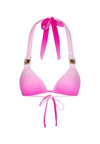 Top bikini in gradiente di rosa con spalline regolabili. Presenta un design a nodo e un accento in metallo decorativo al collo. Tessuto con una superficie liscia.