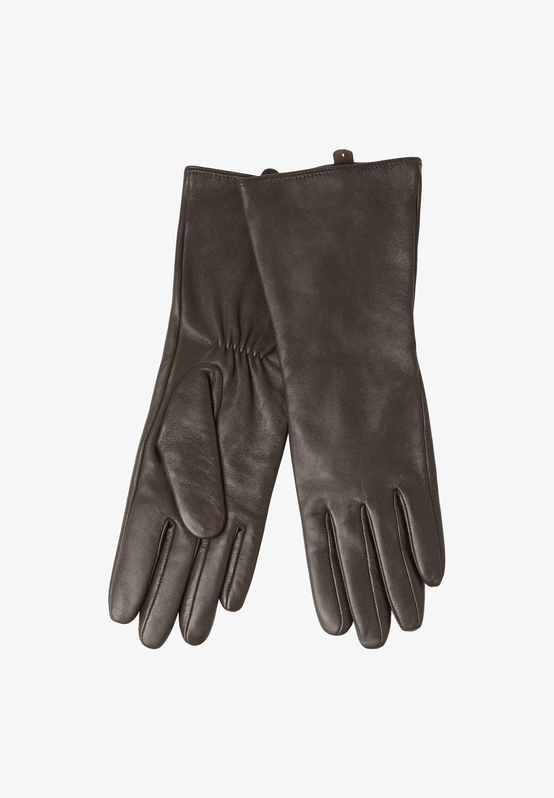 Gants en cuir marron avec une texture lisse, dotés de détails froncés au niveau des poignets et d'une coupe ajustée.