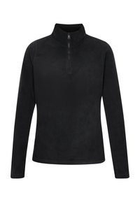 Pullover in pile nero con collo a mezza zip, maniche lunghe, texture liscia e senza motivi o dettagli visibili.