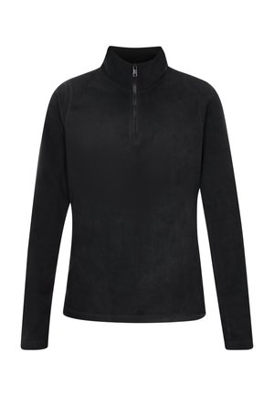 Sort fleece-pullover med halv-lynlås ved halsen, lange ærmer, glat tekstur og uden synlige mønstre eller detaljer.