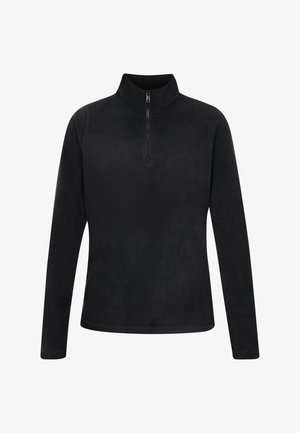 Schwarzer Fleece-Pullover mit einem Halbzip-Revers, langen Ärmeln, glatter Textur und ohne sichtbare Muster oder Akzente.