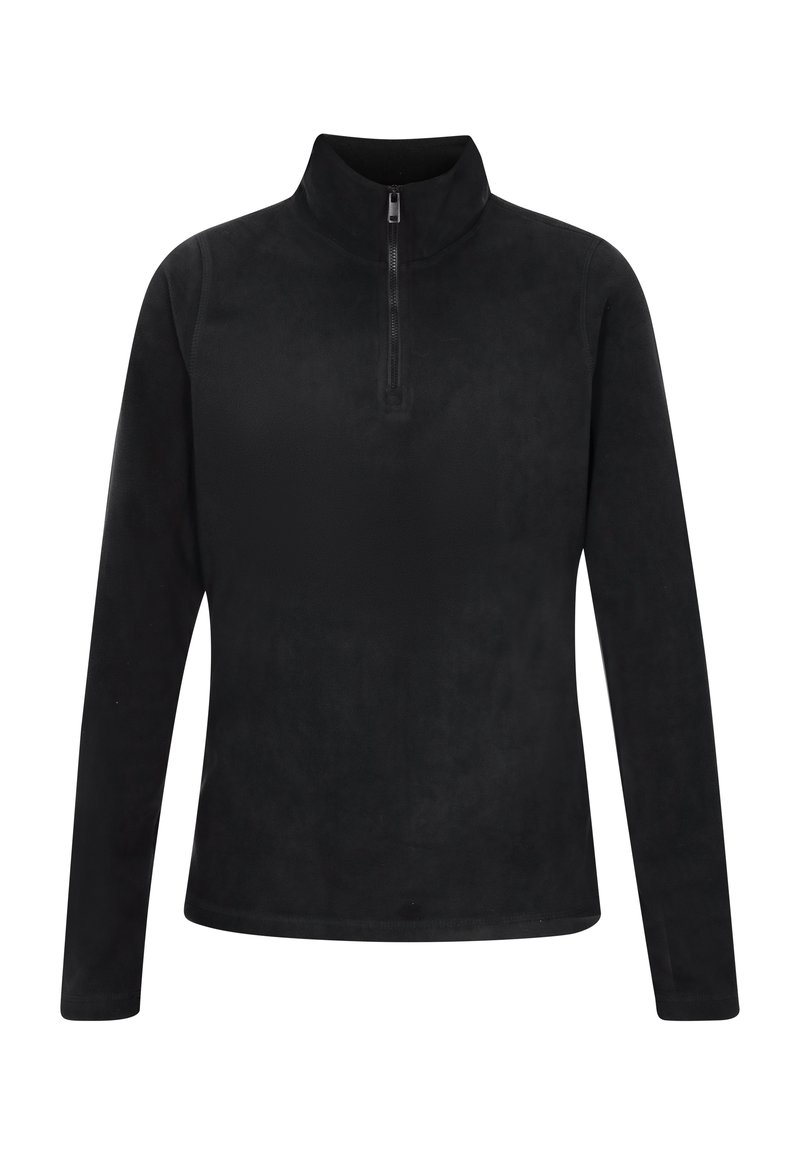 Pullover in pile nero con collo a mezza zip, maniche lunghe, texture liscia e senza motivi o dettagli visibili.