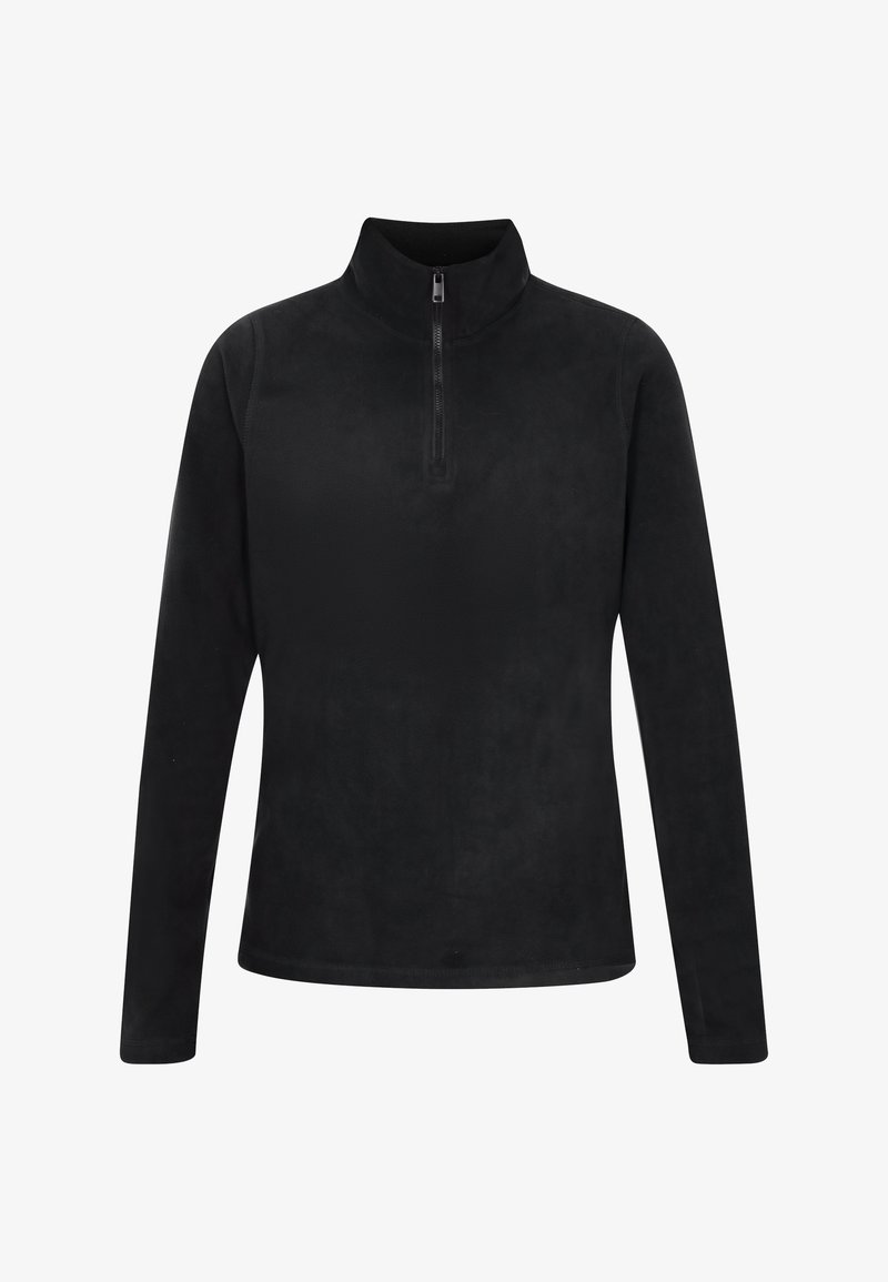 Pullover in pile nero con collo a mezza zip, maniche lunghe, texture liscia e senza motivi o dettagli visibili.