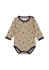 Béžový overálek pro miminka s dlouhým rukávem, zdobený malými námořnickými potisky palmových stromů, s námořnickými lemovkami a patentkami na krku a na spodní části.