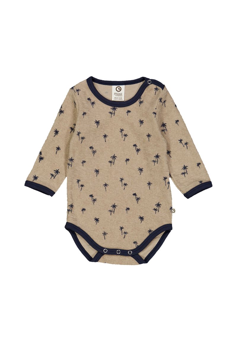 Béžový overálek pro miminka s dlouhým rukávem, zdobený malými námořnickými potisky palmových stromů, s námořnickými lemovkami a patentkami na krku a na spodní části.