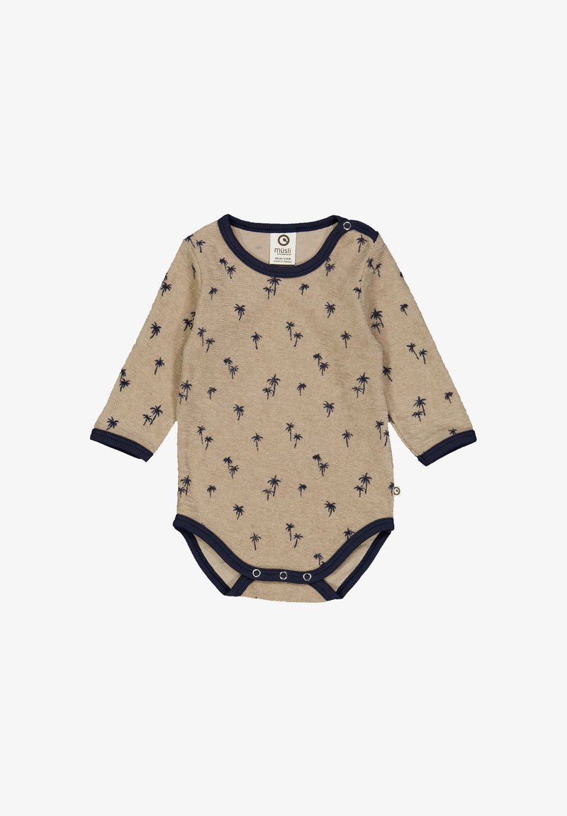 Béžový overálek pro miminka s dlouhým rukávem, zdobený malými námořnickými potisky palmových stromů, s námořnickými lemovkami a patentkami na krku a na spodní části.