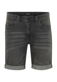 Mørkegrå denimshorts med opsmøg i kanten, frontknap og lynlås, bæltestropper og forlommer.