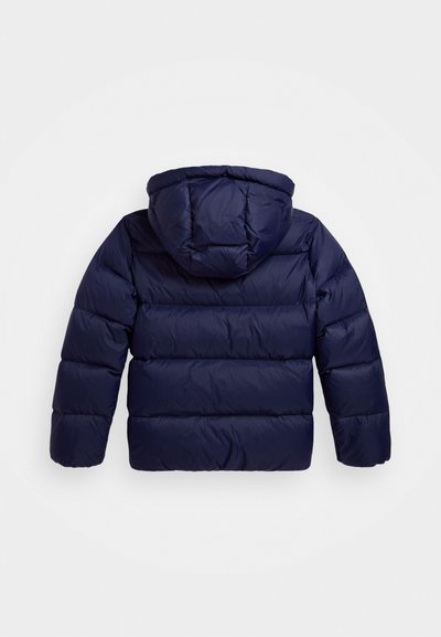 Navy puffer jacket with a hood, featuring a quilted design, elastic cuffs, and a smooth, shiny texture. Standard fit for warmth.