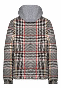 Kraciasta kurtka z wzorem w kolorach czarnym, białym, czerwonym i beżowym, z szarym przyszywanym kapturem i elastycznymi mankietami na długich rękawach.