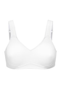 White wireless bra with wide adjustable straps, smooth molded cups, and no underwire, designed for comfort and support.