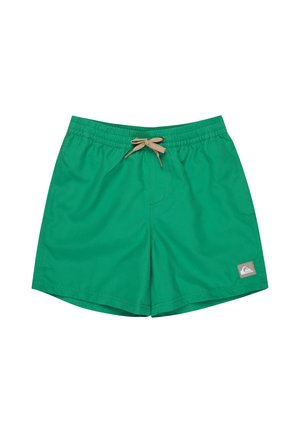 Zielone szorty kąpielowe z elastycznym paskiem i beżowym sznurkiem, z małą naszywką z logo na dolnej lewej nodze.
