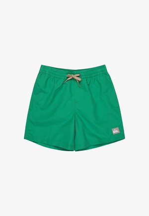 Zelené plavecké šortky s elastickým pásom a béžovým sťahovacím šnúrkou, s malou nášivkou loga na spodnej ľavej nohe.