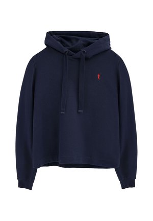 Navyblauwe hoodie, gemaakt van zacht materiaal. Bevat een rood logo op de borst en heeft een ontspannen pasvorm met geribbelde manchetten.
