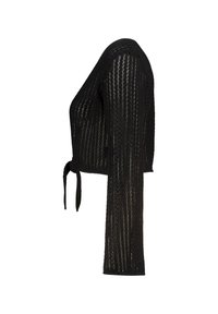 Zwarte, semi-transparante gebreide cardigan met lange mouwen en een strik in de taille, zijwaarts weergegeven tegen een effen achtergrond.