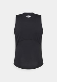 Svart ermeløs treningsskjorte med rund hals, laget av teksturert stoff. Har en logo på ryggen og en buet sømdetalj.