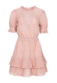 Rochie roz cu model, cu mâneci scurte pufoase, decolteu volanat și fustă în straturi, cu mici modele florale albe pe toată suprafața.