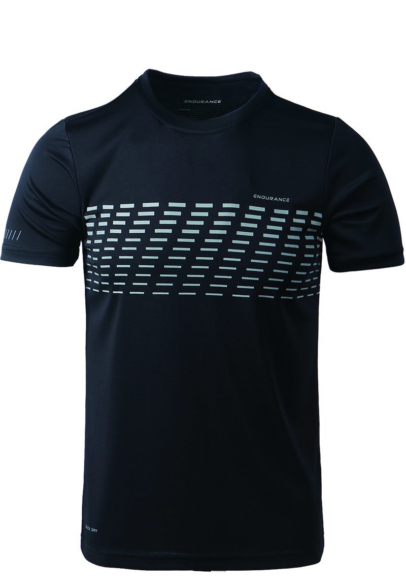 Schwarz gestreiftes Sport-T-Shirt mit kurzen Ärmeln, das ein reflektierendes geometrisches Muster auf der Brust sowie atmungsaktives Material für Komfort aufweist.