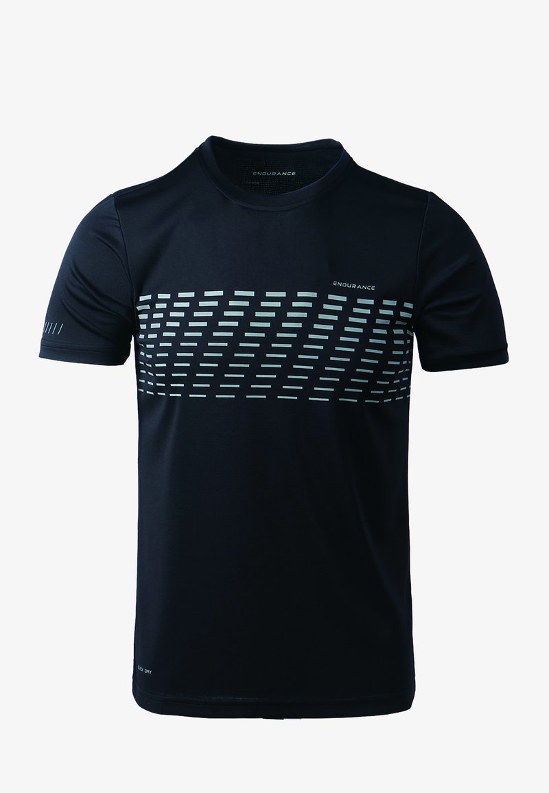 Schwarz gestreiftes Sport-T-Shirt mit kurzen Ärmeln, das ein reflektierendes geometrisches Muster auf der Brust sowie atmungsaktives Material für Komfort aufweist.