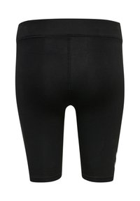Shorts de sport noirs mi-cuisse avec une large ceinture et une couture visible au centre du dos.
