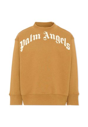 Bruine trui met hoge kraag met witte "Palm Angels" tekst in gotisch lettertype over de borst en lange mouwen met geribde boorden.