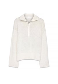 Jersey blanco de cuello con media cremallera, mangas anchas y dobladillo acanalado. Presenta una tela texturizada para añadir dimensión.