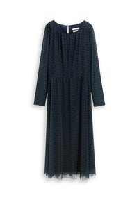Donkerblauwe jurk met lange mouwen, kenmerkend door een geplooide halslijn, vloeiende silhouet en subtiele patroonstructuur overal. Sleutelgat-sluiting aan de achterkant.