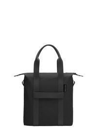 Sac fourre-tout noir avec un design minimaliste, fabriqué en matériau durable, doté de deux courtes poignées et d'une fermeture éclair, mettant en valeur un accent de sangle ton sur ton.