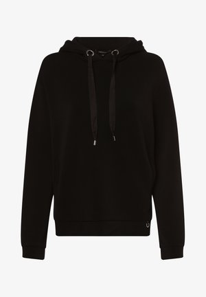 Schwarzer Kapuzenpullover mit langen Ärmeln, Kordelzug und gerippten Bündchen und Saum, mit einem kleinen Metallring-Detail nahe dem unteren Saum.