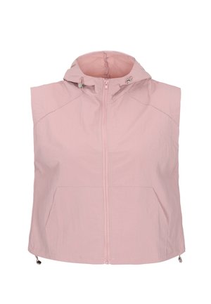 Mouwloze lichtroze ritssluiting-vest met capuchon en voorzakken, gemaakt van lichtgewicht stof.