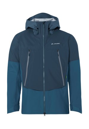 Blaue wasserdichte Jacke mit abnehmbarer Kapuze, zwei mit Reißverschluss versehenen Brusttaschen und kontrastierenden, hellblauen unteren Paneelen. Verfügt über einen Frontreißverschluss.