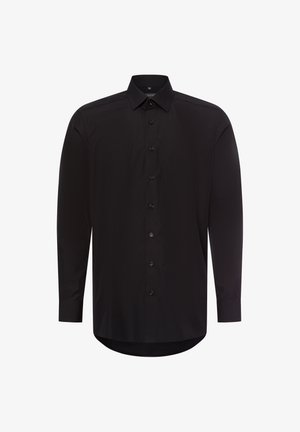 Schwarzes Langarmhemd aus glattem Stoff, mit durchgehender Knopfleiste, klassischem Kragen und abgerundetem Saum. Keine Muster oder Akzente.