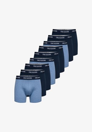 Osiem par męskich bokserek w naprzemiennych kolorach jasnoniebieskim i ciemnogranatowym, z logo "ONLY & SONS" na elastycznym pasie.